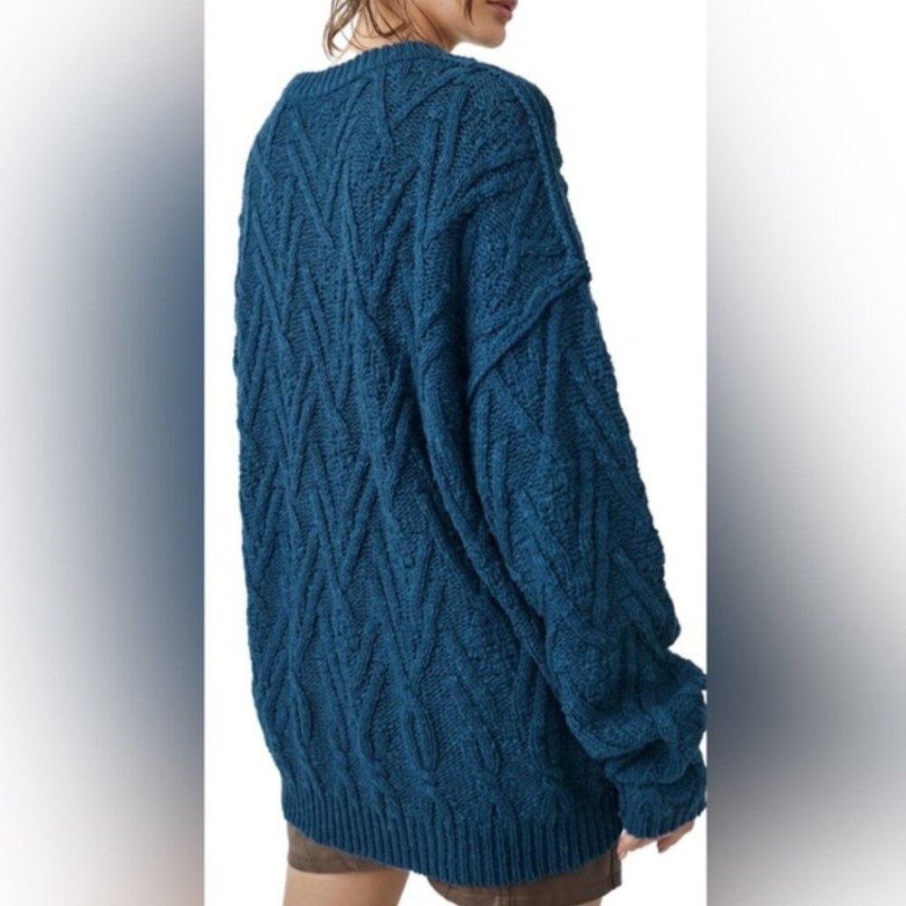 Free People Isla Cable Knit Tunic Sweater Womens Medium Blue/Green Oversized